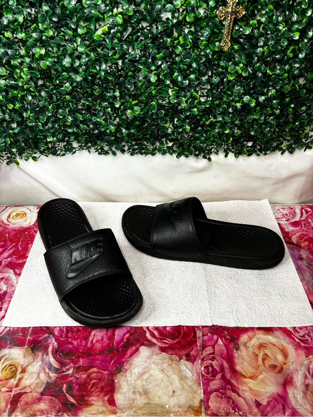 NIKE Benassi JDI Slide size 10 Mens Black Just Do It AOP Swoosh Logo Slip On